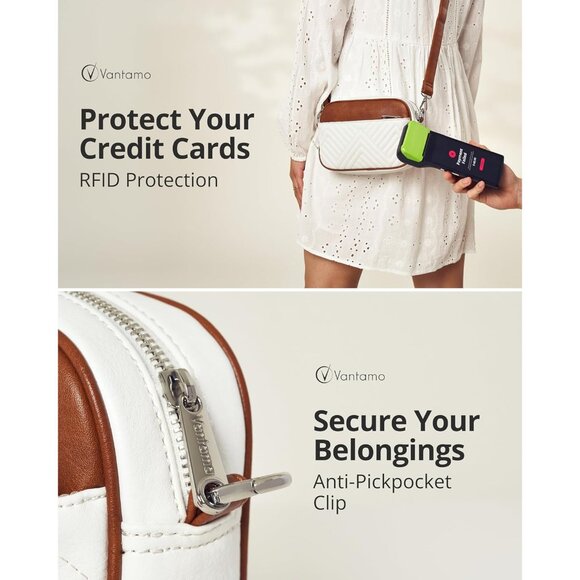 Minimalist White & Brown Crossbody Bag for Women, RFID Blocking, Adjustable Stra - Picture 5 of 7